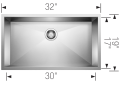 Blanco 512747 PRECISION™ STELLART™ Super Single Bowl Kitchen Sink, Satin Polished, Rectangle Shape, 30 in L x 17 in W x 10 in D Bowl, 32 in L x 19 in W, Under Mount, 18 ga 304 Stainless Steel