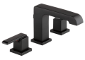 DELTA® 3567-BLMPU-DST Ara® Widespread Lavatory Faucet, 1.2 gpm Flow Rate, 5-5/16 in H Spout, 4 to 16 in Center, Matte Black, 2 Handles, Metal Pop-Up Drain, Domestic