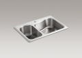 Kohler® 3361-1-NA Staccato™ Kitchen Sink, Rectangular Shape, 17-1/16 in Left, 17-7/16 in Right L x 10-7/16 in Left, 17-1/16 in Right W Bowl x 8 in Left, 8 in Right D Bowl, 1 Faucet Holes, 33 in L x 22 in W x 8-5/16 in H, Top Mounting, Stainless Steel
