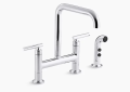 Kohler K-7548-4-CP Purist(R) Two-Hole Deck-Mount Bridge Kitchen Sink Faucet with 8-3/8" Spout and Matching Finish Sidespray - Polished Chrome