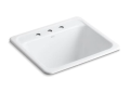 Kohler® 19017-3-0 Glen Falls™ Utility Sink, White, Rectangular Shape, 21-1/2 in L x 15-1/2 in W Bowl x 13 in D Bowl, 3 Faucet Holes, 25 in L x 22 in W x 13-5/8 in H, Top Mounting, Enameled Cast Iron