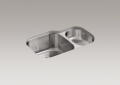 Kohler® 3355-NA Undertone® Kitchen Sink, Rectangular Shape, 9 in Left, 18 in Right L x 15 in Left, 18 in Right W Bowl x 5-1/2 in Left, 9-1/2 in Right D Bowl, 30-3/4 in L x 20-1/8 in W x 9-5/8 in H, Undermount Mounting, Stainless Steel