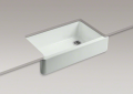 Kohler® 6489-FF Whitehaven® Self-Trimming® Self-Trimming Kitchen Sink With Tall Apron, Rectangular Shape, 35-11/16 in W x 21-9/16 in D x 9-5/8 in H, Reinforced Base Mount, Enameled Cast Iron, Sea Salt™
