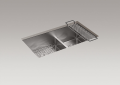 Kohler® 5284-NA Strive™ Kitchen Sink, Rectangular Shape, 17-1/2 in Left, 11-5/8 in Right L x 16-9/16 in Left, 16-9/16 in Right W Bowl x 9 in Left, 9 in Right D Bowl, 32 in L x 16-9/16 in W x 9-5/16 in H, Undermount Mounting, Stainless Steel