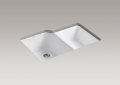 Kohler® 5931-4U-0 Executive Chef™ Kitchen Sink, White, Rectangular Shape, 16 in Left, 12 in Right L x 19 in Left, 17 in Right W Bowl x 9-3/4 in Left, 7-3/4 in Right D Bowl, 4 Faucet Holes, 33 in L x 22 in W x 10-5/8 in H, Undermount Mounting