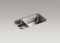 Kohler® 3174-L-NA Undertone® Kitchen Sink, Rectangular Shape, 9 in Left, 19 in Right L x 15-3/4 in Left, 15-3/4 in Right W Bowl x 5-1/2 in Left, 9-1/2 in Right D Bowl, 31-1/2 in L x 18 in W x 9-13/16 in H, Undermount Mounting, Stainless Steel