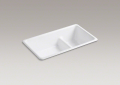Kohler® 6625-0 Kitchen Sink, White, Rectangular Shape, 9-1/4 in Left, 19-1/4 in Right L x 16 in Left, 16 in Right W Bowl x 9 in Left, 9 in Right D Bowl, 33 in L x 18-3/4 in W x 9-5/8 in H, Top Mounting, Enameled Cast Iron