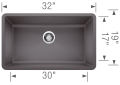 Blanco 441478 PRECIS™ SILGRANIT® II Super Single Bowl Composite Sink, Cinder, Rectangle Shape, 30 in L x 17 in W x 9-1/2 in D Bowl, 32 in L x 19 in W, Under Mount, Granite