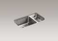Kohler® 3174-NA Undertone® Kitchen Sink, Rectangular Shape, 19 in Left, 9 in Right L x 15-3/4 in Left, 15-3/4 in Right W Bowl x 9-1/2 in Left, 5-1/2 in Right D Bowl, 31-1/2 in L x 18 in W x 9-3/4 in H, Undermount Mounting, Stainless Steel
