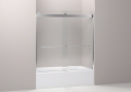 Kohler® 706006-L-SH Levity® Sliding Bath Door With Towel Bar, Frameless Frame, Clear Tempered Glass, Bright Silver, 1/4 in THK Glass, 51-5/8 in H Opening, 56-5/8 to 59-5/8 in W Opening