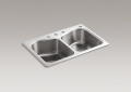 Kohler® 3369-4-NA Staccato™ Kitchen Sink, Rectangular Shape, 17-1/16 in Left, 17-1/16 in Right L x 13-15/16 in Left, 13-15/16 in Right W Bowl x 8 in D Bowl, 4 Faucet Holes, 33 in L x 22 in W x 8-5/16 in H, Top Mounting, Stainless Steel