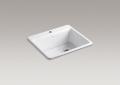 Kohler® 5872-1A1-0 Riverby® Kitchen Sink, White, Rectangular Shape, 22-1/4 in L x 15-13/16 in W Bowl x 9 in D Bowl, 1 Faucet Holes, 25 in L x 22 in W x 9-5/8 in H, Top Mounting, Enameled Cast Iron