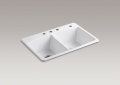 Kohler® 5846-4-0 Brookfield™ Kitchen Sink, White, Rectangular Shape, 14-3/16 in Left, 14-3/16 in Right L x 16-1/16 in Left, 16-1/16 in Right W Bowl x 9 in Left, 9 in Right D Bowl, 4 Faucet Holes, 33 in L x 22 in W x 9-5/8 in H, Top Mounting