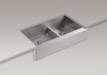 Kohler® 3945-NA Vault™ Kitchen Sink, Rectangular Shape, 19-11/16 in Left, 11-11/16 in Right L x 17-3/16 in Left, 17-3/16 in Right W Bowl x 9 in Left, 9 in Right D Bowl, 35-1/2 in L x 21-1/4 in W x 9-5/16 in H, Undermount Mounting, Stainless Steel