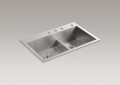 Kohler® 3839-4-NA Vault™ Kitchen Sink, Rectangular Shape, 4 Faucet Holes, 33 in W x 9-5/16 in D x 22 in H, Top/Undermount Mounting, Stainless Steel